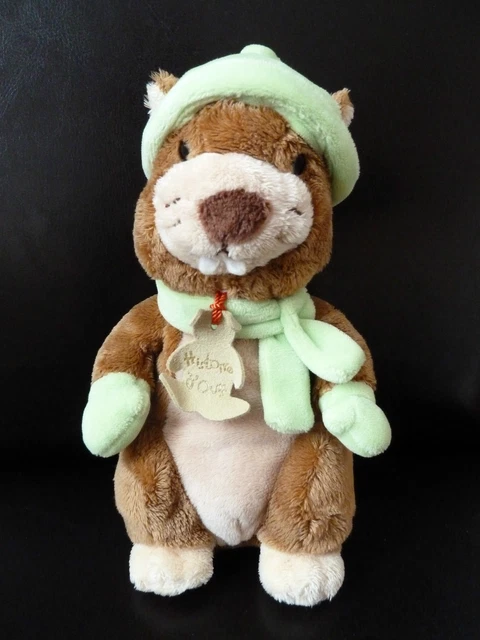 G4. Doudou Peluche Histoire D'ours Marmotte Castor Marron Echarpe Vert 21C Neuf*