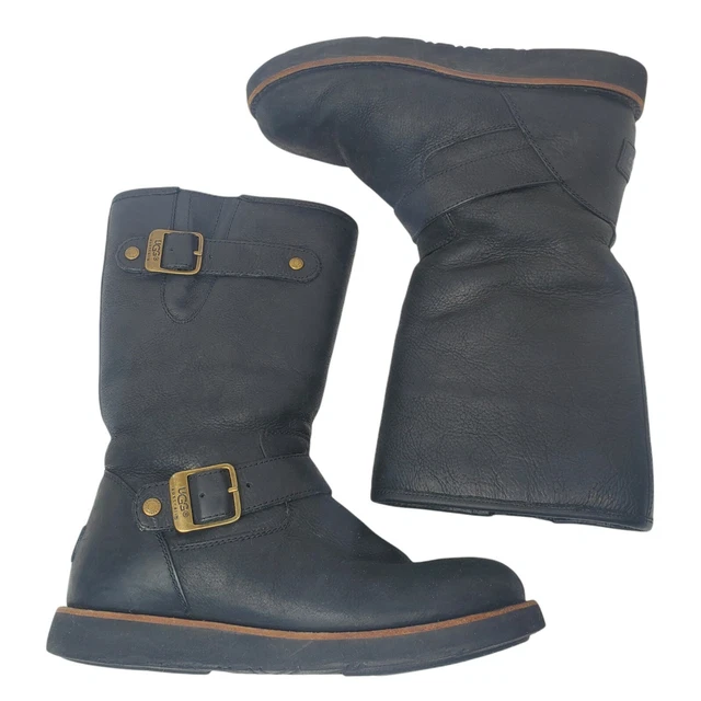 UGG Australia Women's Kensington II Black Leather Moto Boots Sz 6 Sherpa bronze