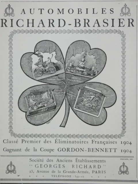 Publicité Presse 1905 Automobiles Richard Brasier Gagne La Coupe Gordon-Bennett-