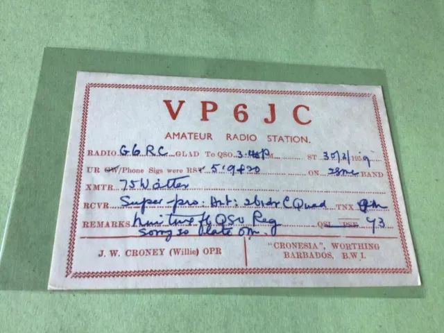 Vintage QSL Radio communication card Barbados 1959 Ref 53035