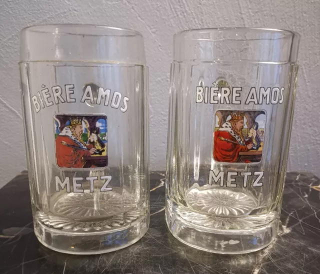 brasserie Amos Metz en Moselle 2 ancien verres à bière Amos émaillés