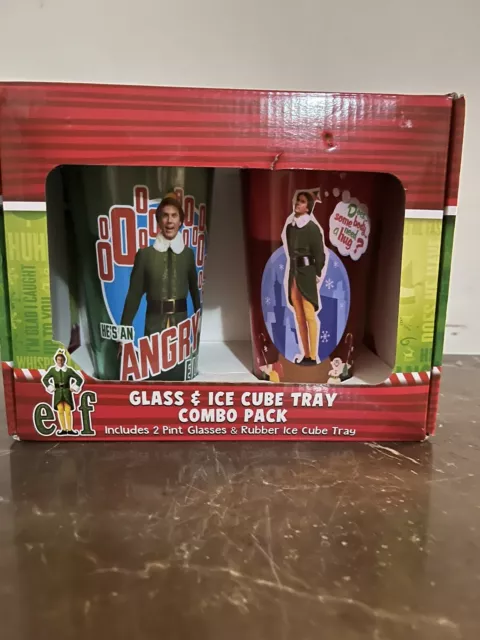 ELF MOVIE 2 PINT GLASSES & FIGURAL RUBBER ICE CUBE TRAY- NEW IN BOX Will Ferrell