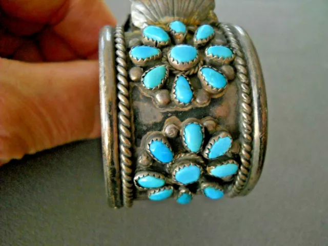 Old Native American Turquoise Flower Clusters Sterling Silver Watch Bracelet