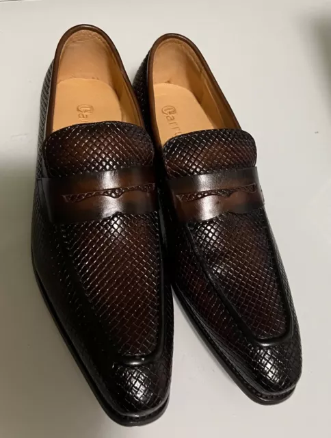 Carrucci Men's Brown Burnished Woven Calfskin Penny Loafer Casual Dress Shoes