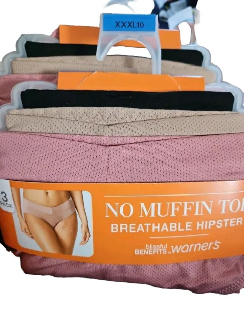 Warners Womens No Muffin Top Breathable Hipster Underwear Panties 3-Pair XXXL 10