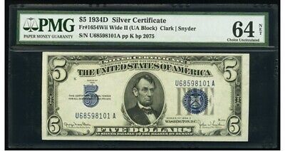1934D $5 Silver Certificate Note Clark/Snyder PMG Choice UNC. 64 EPQ 805