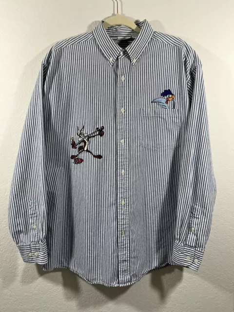 Vintage 1995 Looney Tunes Classic Men’s L Blue/White Striped Button Up Shirt