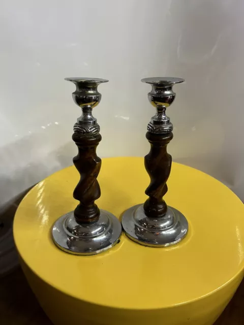 Pair Barley Twist Art Deco English Oak Chrome Candlesticks c20th 200mm Tall