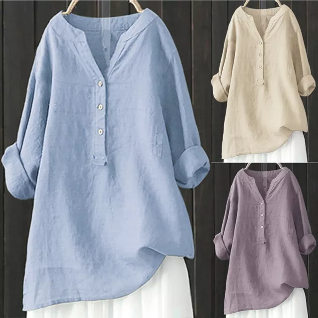 Womens Summer Linen Cotton Button Blouse Tops Casual Collared Long Sleeve Shirts