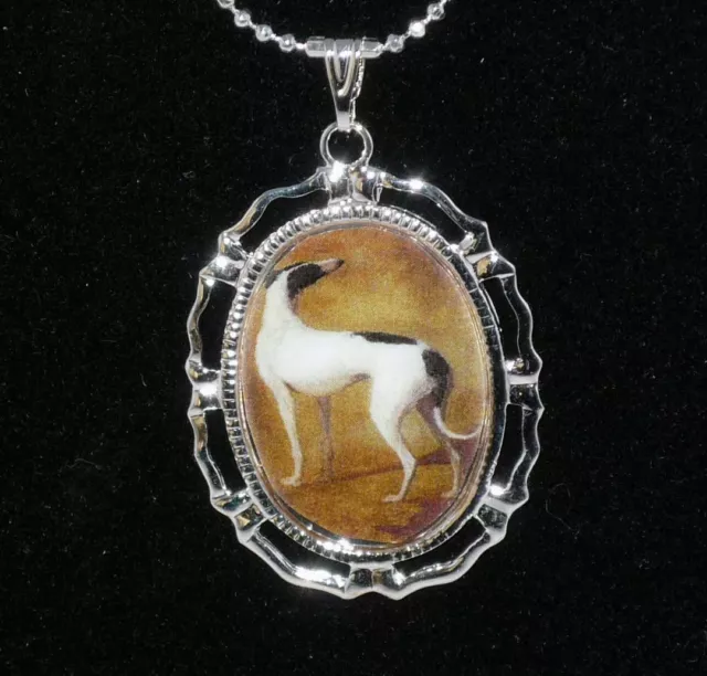 Altered Art Black + White Greyhound Dog Pend Neckl Silver Plated Oval Setting