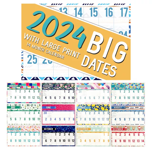 2024 Big Dates w Large Print Rectangle Wall Calendar 14 Months Hanging Planner