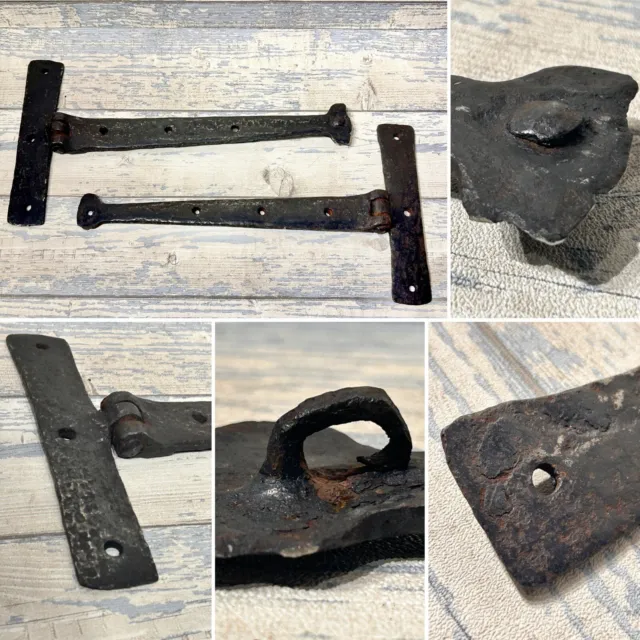 Superb Pair 17th Century Blacksmith Heavy Hand Forged Wrought Iron Door T Hinges