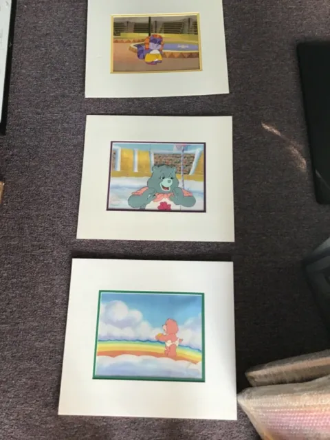 Three Vintage CARE BEARS animation cels with Matteing Unframed