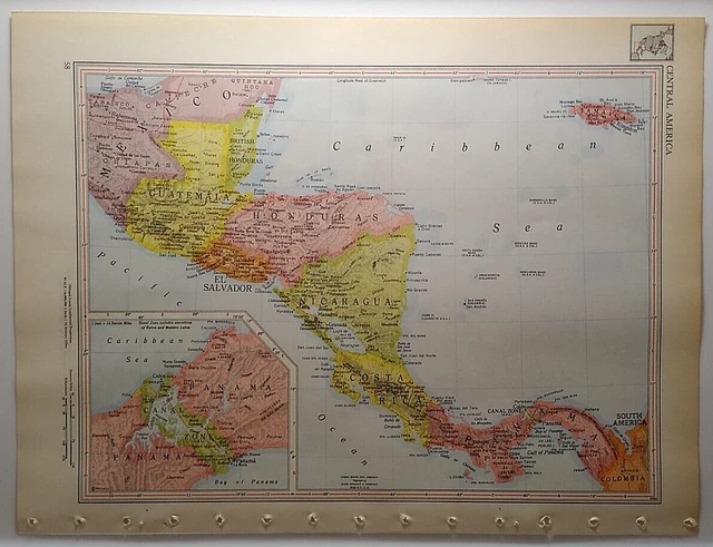 1957 Vintage CENTRAL AMERICA Atlas Map Old Antique MCM Encyclopedia Britannica