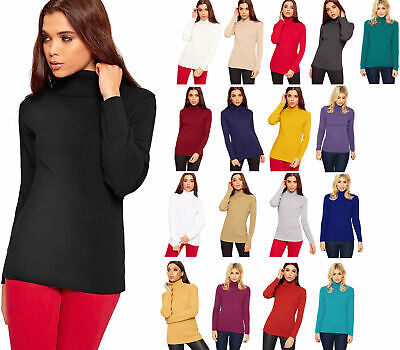 Women's Ladies High Polo Roll Neck Long Sleeve Ribbed Knitted Jumper Sweater Top