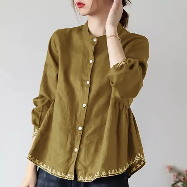 Femme Chemise Col Bouton Dentelle Manches Longues Bordure Haut Chemisier Rétro