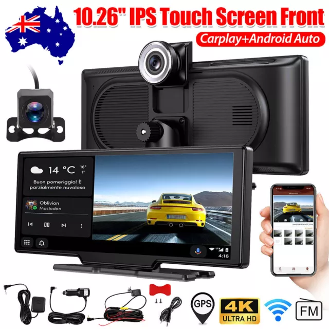 10.26"Touch Dash Cam For Wireless CarPlay Android Auto GPS 4K UHD Video Recorder
