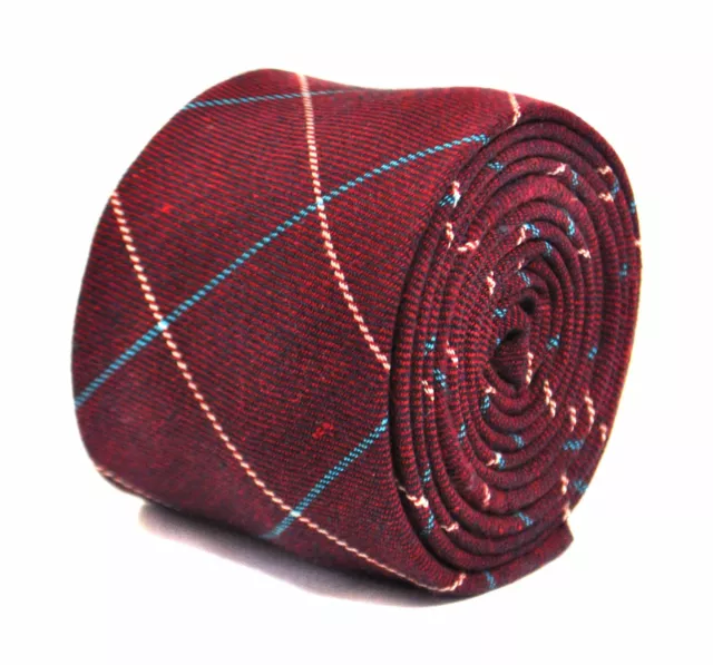 Frederick Thomas mens wool tweed tie in maroon with blue and cream stripe FT2153