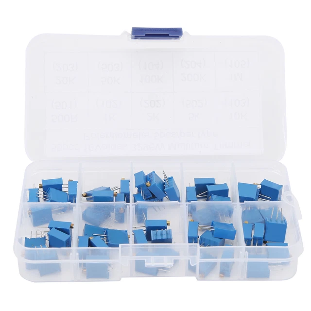 50pcs 3296W Variable Resistor Potentiometer Resistors 10 Values Multiturn Trim