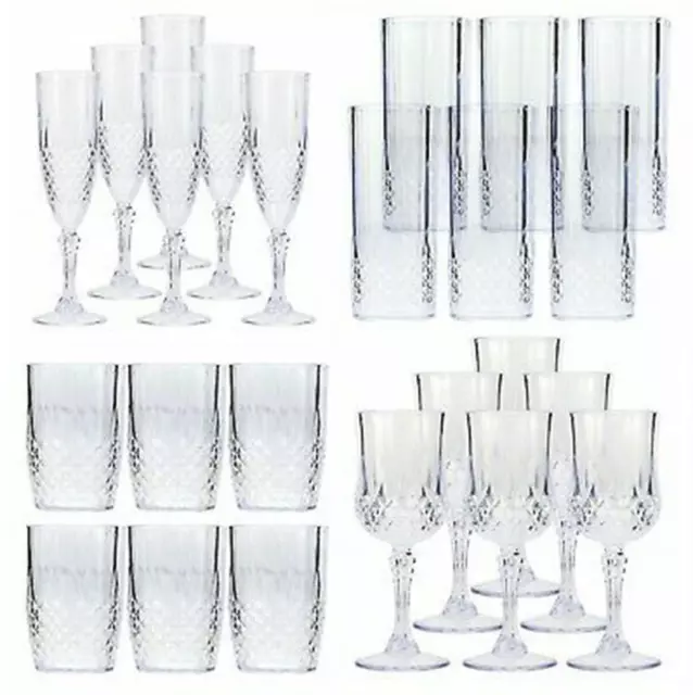 6 x VINTAGE CLEAR CRYSTAL EFFECT PLASTIC GLASSES DRINKING PICNIC GARDEN ACRYLIC