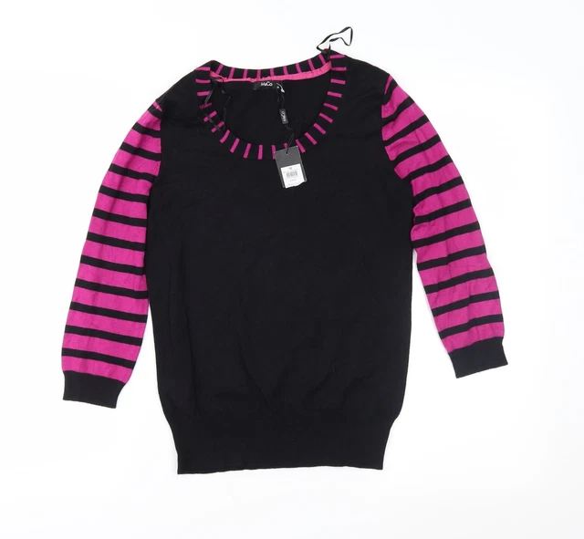 M&Co Womens Black Scoop Neck Striped Acrylic Pullover Jumper Size 10