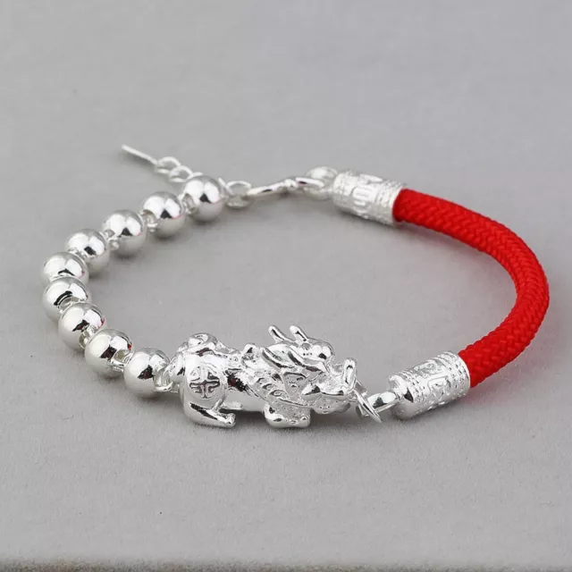Pure S990 Fine Silver 6mm Glossy Bead Pixiu Cord Thread Braided Rope Bracelet
