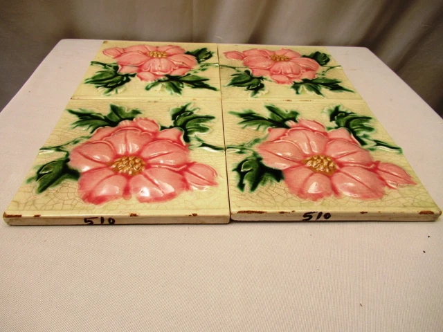 Antique Art Nouveau Majolica Tile 19Th Embossed Rose Flower Design 4 Pc Set "510 3