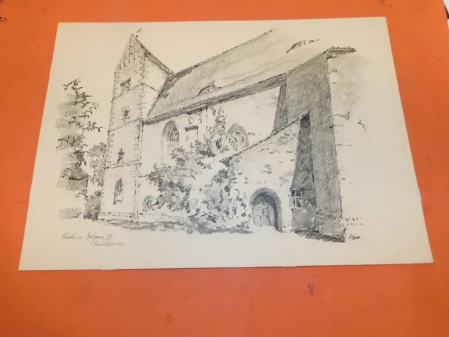 "Kirche in Belgern", Original Bleistift- / Kohlezeichnung v. Otto Reinhardt 1950