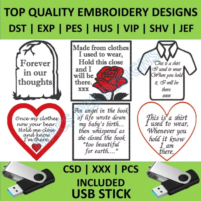 Memorial quotes PES DST JEF embroidery designs on USB memory bear cushion patch