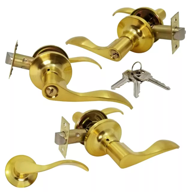 Lever Door Lock Cylinder Entry Privacy Passage Dummy Satin Brass Wave Handle