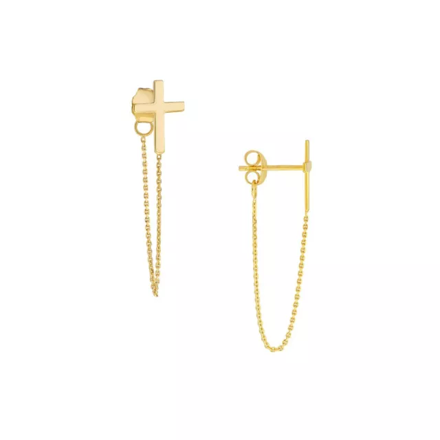 Cross Stud Cable Chain Drop Dangle Front Back Earrings Women Solid 14K Real Gold