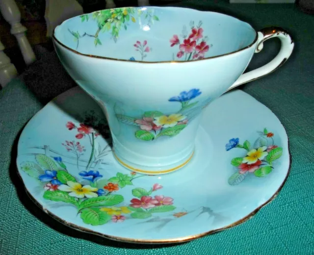 Aynsley   Bone China Tea Cup and Saucer Blue Red and Yellow Flowers, made in Eng