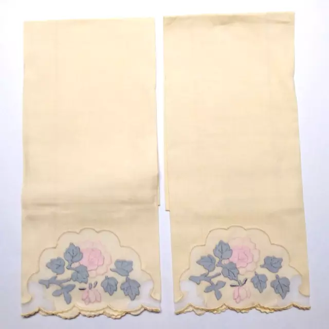 2 Vintage Madeira Hand Embroidered Yellow Fine Linen & Organdy Guest Hand Towels