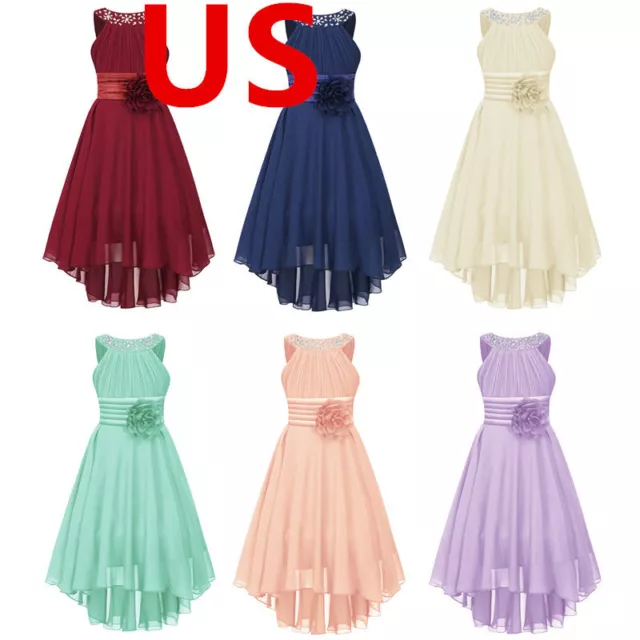 US Kids Girls Dress Halter Neck High Low Wedding Bridesmaid Party Princess Gown