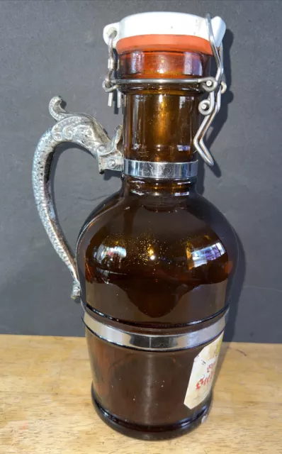 Amber Glass Beer Growler Brauhaus Stephanus Germany, ￼Ornate Handle Geschutzt 2L