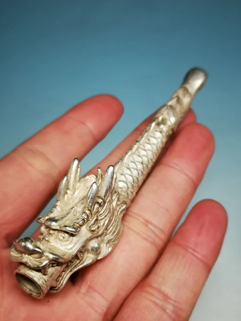 Vintage Silver Copper Poppy Dragon Head Tobacco Pouch Pipe Cherry Blossoms C70