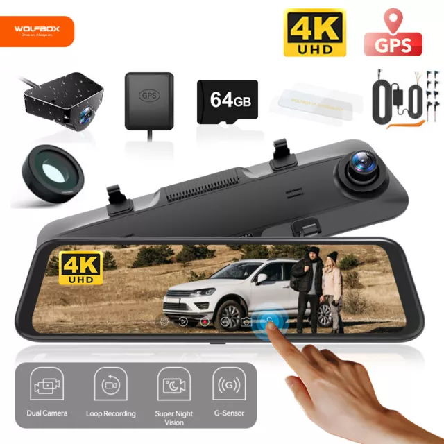 WOLFBOX 4K Mirror Dash Cam&Anti-Glare Film Hardwire Kit,Polarizing Lens &SD Card