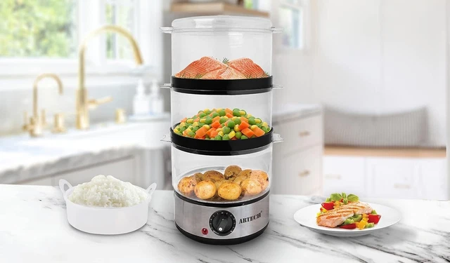 New Electric 3 Tier Food Vegetable Steamer Fish Slow Cooker 7.2L With Rice Bowl