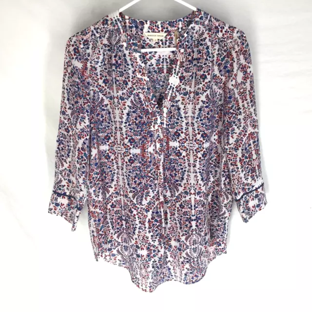 Rebecca Taylor 100% Silk Women's Floral Top Size 4 White Red Blue V Neck