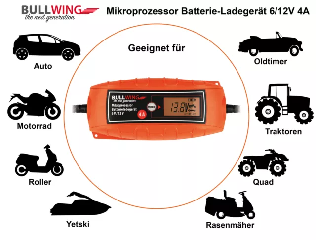 intelligentes Batterieladegerät 4 A KFZ Ladegerät Autoladegerät Bullwing 6V/12V