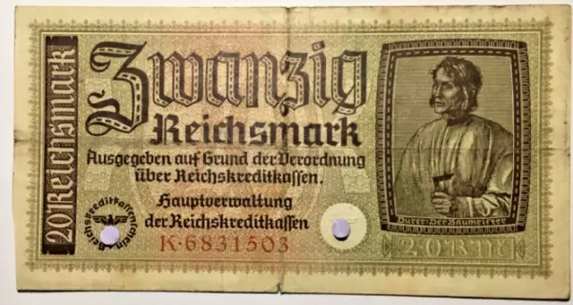 Deutsches Reich 20 Reichsmark (Schein) Papiergeld Geldschein Banknoten 