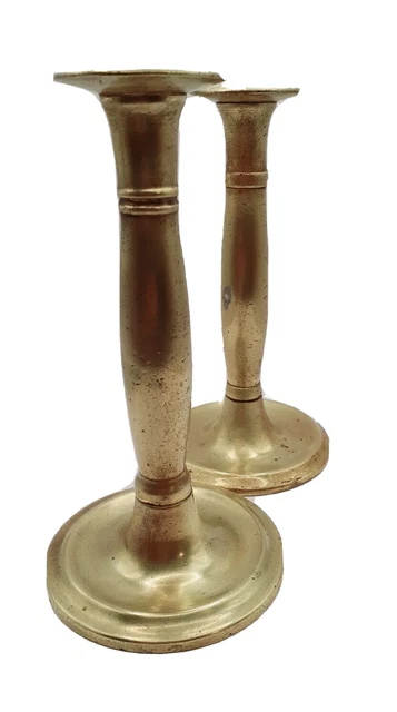 Antique Pair 19th Century Brass Push Up Candlesticks Bottom Screw Mechanism 8" 2