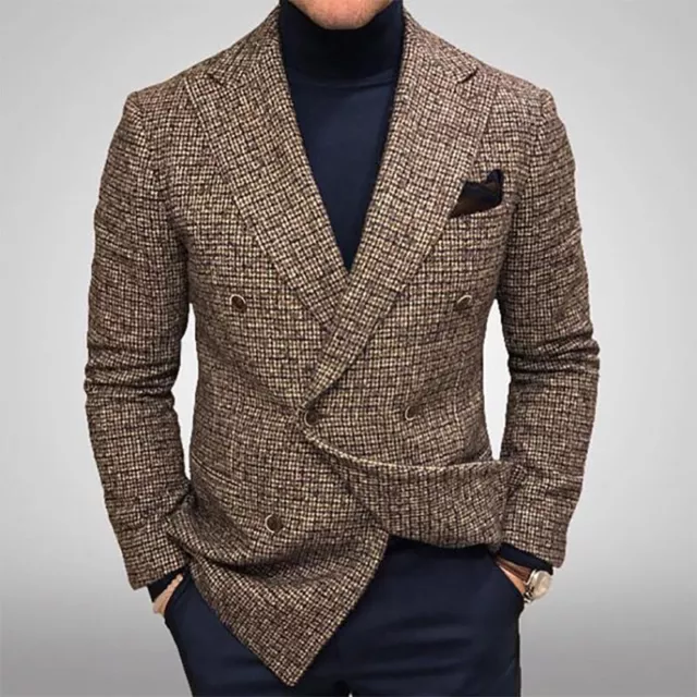 Men's Plaid Business Casual Blazer Double Breasted Jacket Lapel Wearcoat Elegant