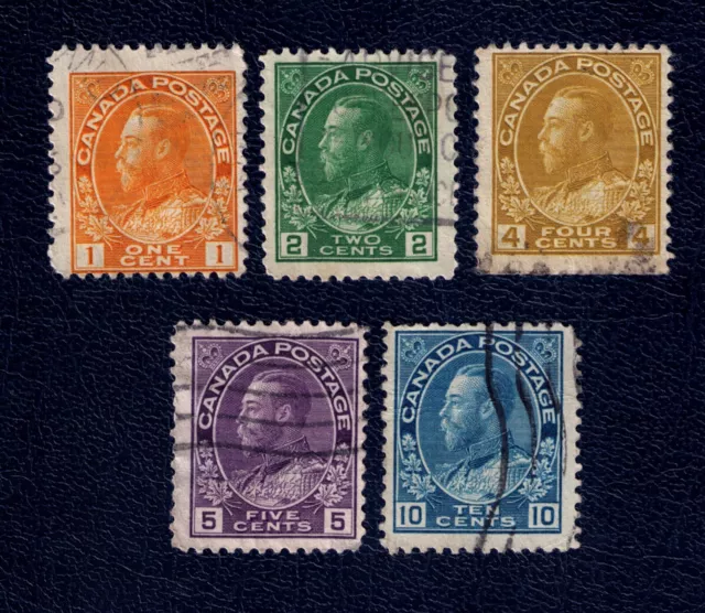 1922 Complete set King George V, 1c to 10c, Scott #105, 107, 110, 112 117 Canada