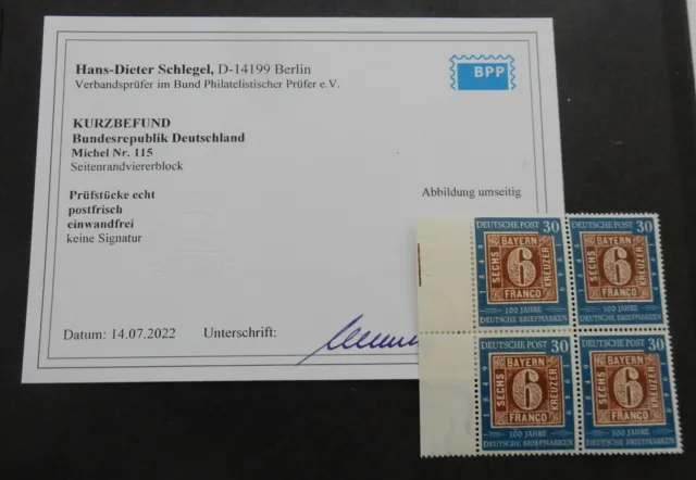 Bund 115 ** 100 J. Briefmarken Viererblock Abart (115 f 38?) geprSchlegel