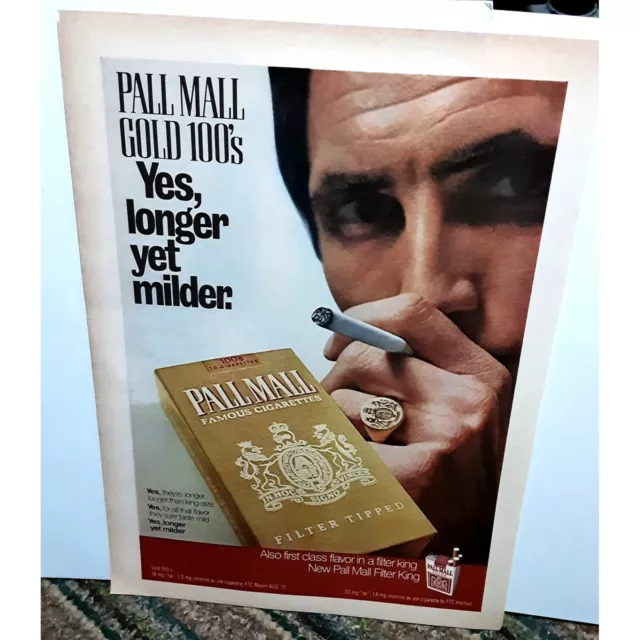 1972 Pall Mall Gold 100s Cigarettes Longer Milder Print Ad vintage 70s