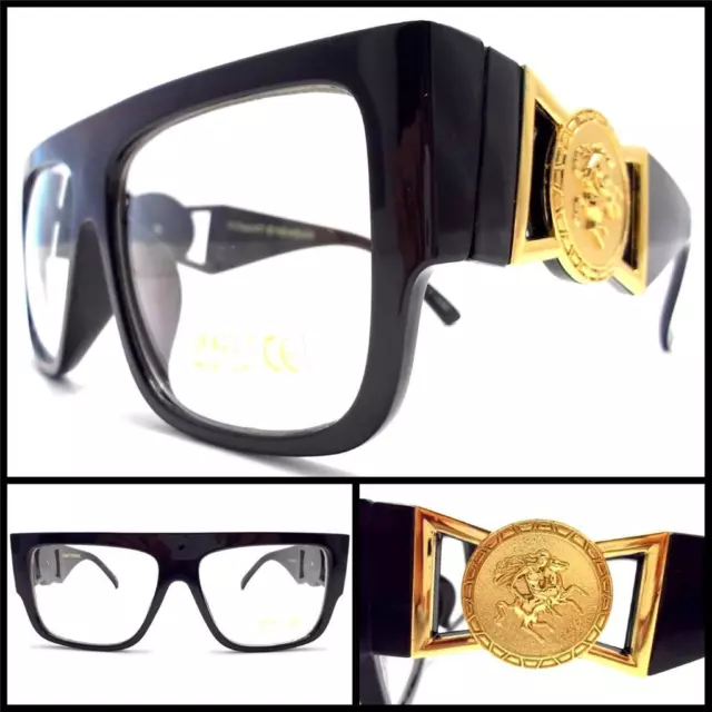 RETRO VINTAGE HIP HOP Style EYE GLASSES Clear Lens BLACK FRAME Gold Medallion