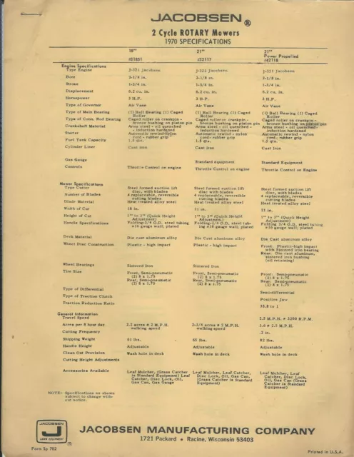 Lawn Equipment Specifications - Jacobsen - Mowers Finishing Tools - 1970 (LG186)