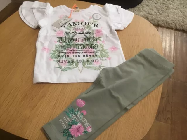 River Island Mini Girls Floral T-Shirt and Leggings Set - Khaki - age 9-12 month