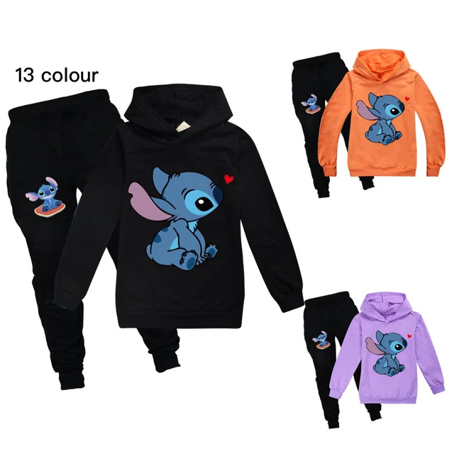 Felpa con cappuccio casual per bambini Lilo and Stitch stampata alla moda + pantaloni